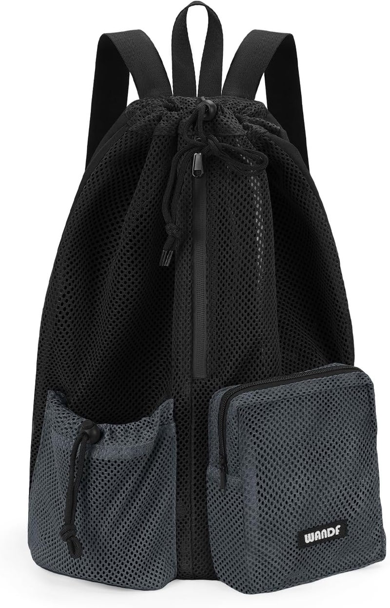 WANDF Swim Bag Mesh Drawstring Backpack with Wet Pocket Beach Bag for Swimming Pool Gym Workout Men and Women - Image 1